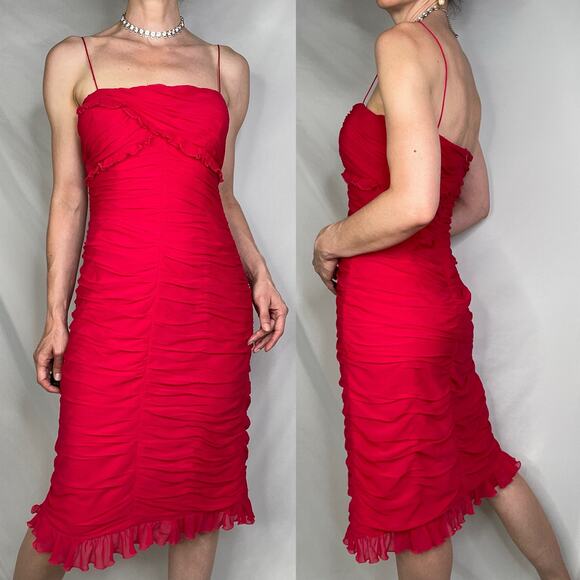 Cache silk ruffled sweetheart slip dress cocktail red ruched midi formal red 8 - Picture 13 of 16